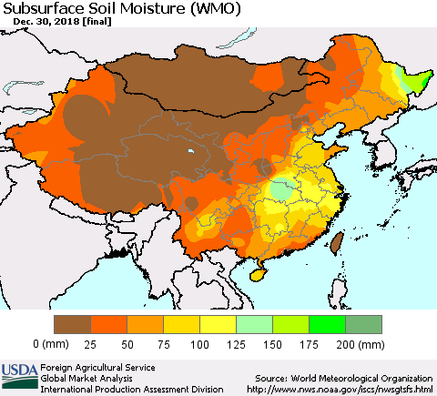 China and Taiwan Subsurface Soil Moisture (WMO) Thematic Map For 12/24/2018 - 12/30/2018