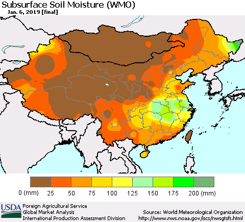 China and Taiwan Subsurface Soil Moisture (WMO) Thematic Map For 12/31/2018 - 1/6/2019