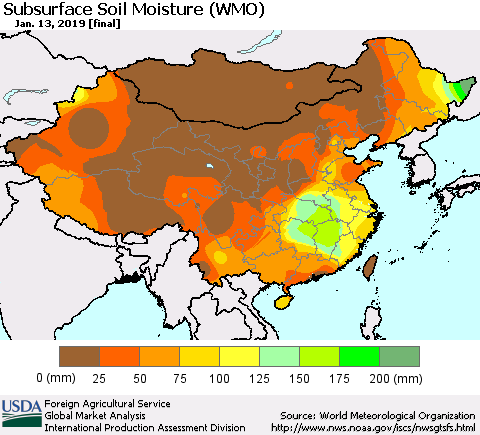 China, Mongolia and Taiwan Subsurface Soil Moisture (WMO) Thematic Map For 1/7/2019 - 1/13/2019