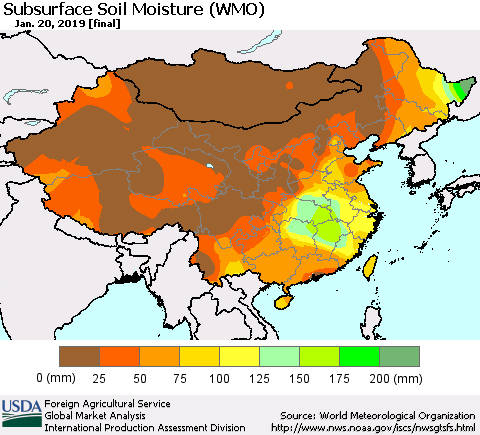 China and Taiwan Subsurface Soil Moisture (WMO) Thematic Map For 1/14/2019 - 1/20/2019