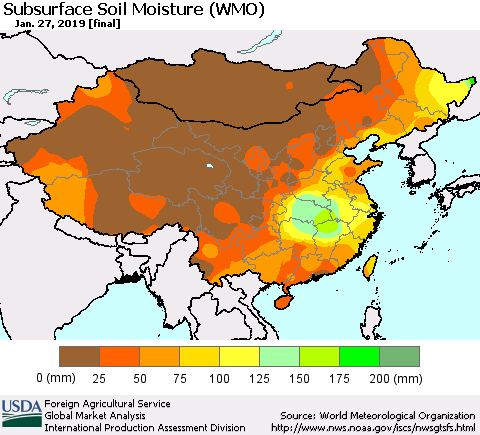 China and Taiwan Subsurface Soil Moisture (WMO) Thematic Map For 1/21/2019 - 1/27/2019
