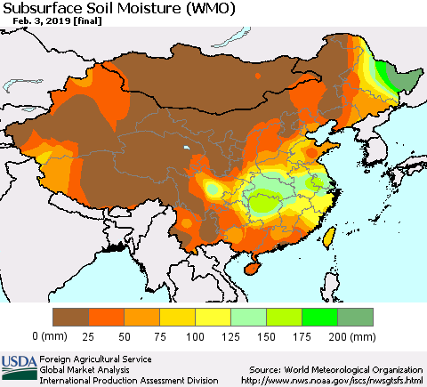 China and Taiwan Subsurface Soil Moisture (WMO) Thematic Map For 1/28/2019 - 2/3/2019