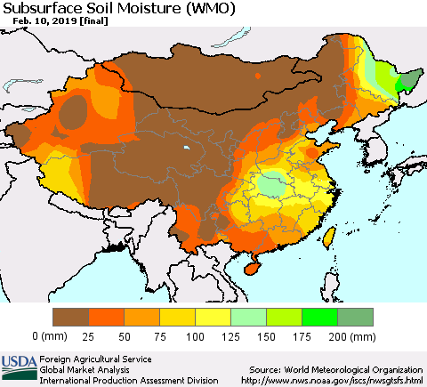 China, Mongolia and Taiwan Subsurface Soil Moisture (WMO) Thematic Map For 2/4/2019 - 2/10/2019