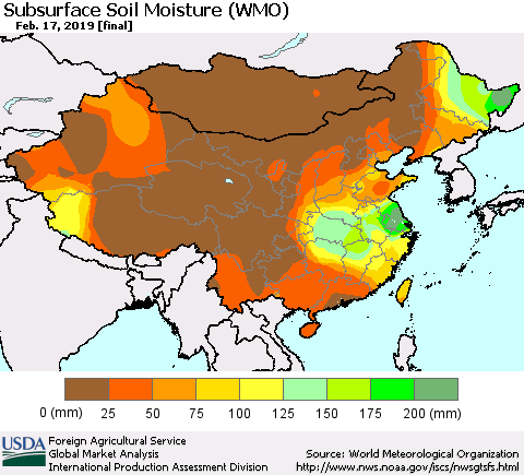 China and Taiwan Subsurface Soil Moisture (WMO) Thematic Map For 2/11/2019 - 2/17/2019
