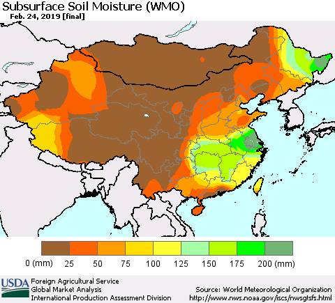 China and Taiwan Subsurface Soil Moisture (WMO) Thematic Map For 2/18/2019 - 2/24/2019
