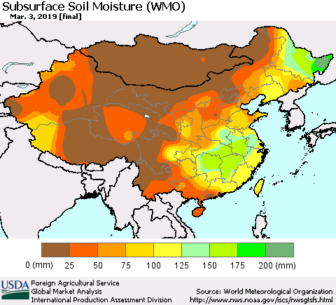 China, Mongolia and Taiwan Subsurface Soil Moisture (WMO) Thematic Map For 2/25/2019 - 3/3/2019
