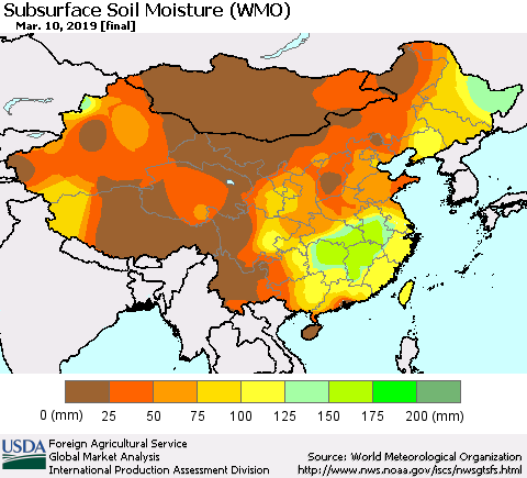 China, Mongolia and Taiwan Subsurface Soil Moisture (WMO) Thematic Map For 3/4/2019 - 3/10/2019