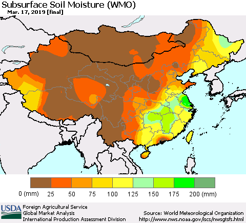 China and Taiwan Subsurface Soil Moisture (WMO) Thematic Map For 3/11/2019 - 3/17/2019
