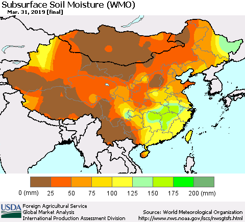 China and Taiwan Subsurface Soil Moisture (WMO) Thematic Map For 3/25/2019 - 3/31/2019
