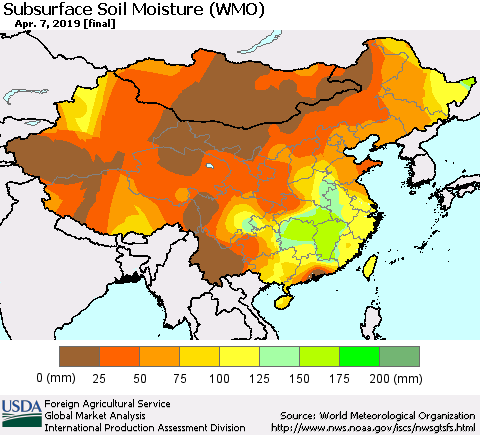 China and Taiwan Subsurface Soil Moisture (WMO) Thematic Map For 4/1/2019 - 4/7/2019