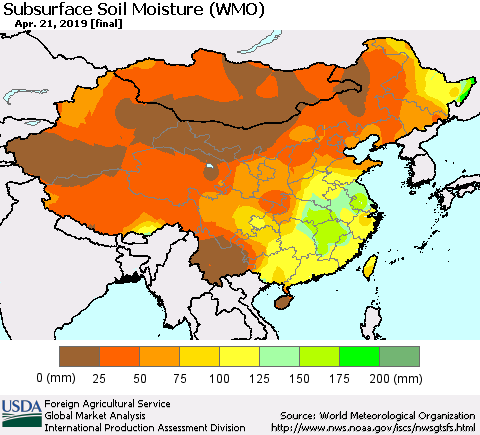 China and Taiwan Subsurface Soil Moisture (WMO) Thematic Map For 4/15/2019 - 4/21/2019
