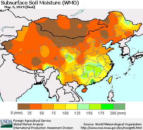 China, Mongolia and Taiwan Subsurface Soil Moisture (WMO) Thematic Map For 4/29/2019 - 5/5/2019