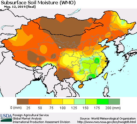 China, Mongolia and Taiwan Subsurface Soil Moisture (WMO) Thematic Map For 5/6/2019 - 5/12/2019