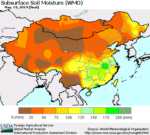 China and Taiwan Subsurface Soil Moisture (WMO) Thematic Map For 5/13/2019 - 5/19/2019
