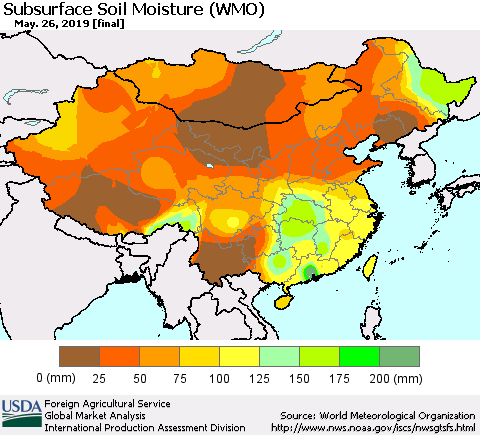 China and Taiwan Subsurface Soil Moisture (WMO) Thematic Map For 5/20/2019 - 5/26/2019