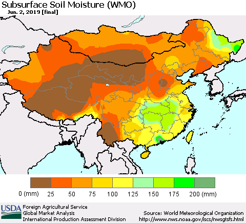 China and Taiwan Subsurface Soil Moisture (WMO) Thematic Map For 5/27/2019 - 6/2/2019