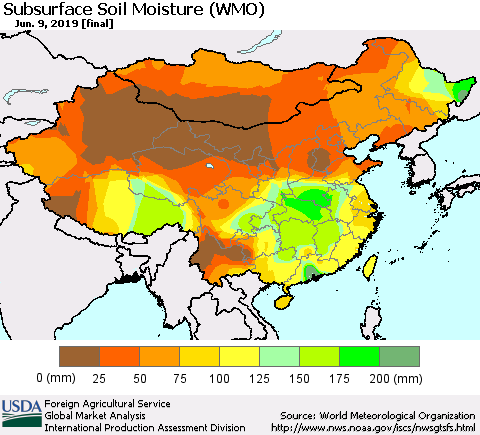 China and Taiwan Subsurface Soil Moisture (WMO) Thematic Map For 6/3/2019 - 6/9/2019