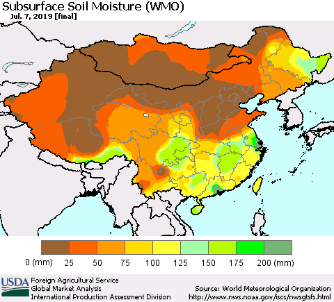 China and Taiwan Subsurface Soil Moisture (WMO) Thematic Map For 7/1/2019 - 7/7/2019