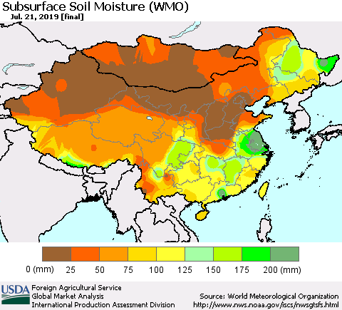 China and Taiwan Subsurface Soil Moisture (WMO) Thematic Map For 7/15/2019 - 7/21/2019