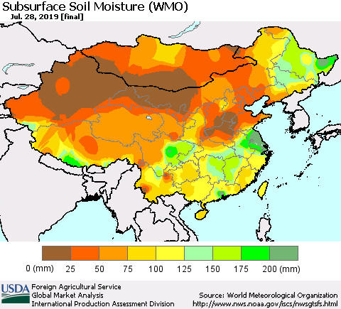 China and Taiwan Subsurface Soil Moisture (WMO) Thematic Map For 7/22/2019 - 7/28/2019