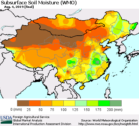 China and Taiwan Subsurface Soil Moisture (WMO) Thematic Map For 7/29/2019 - 8/4/2019