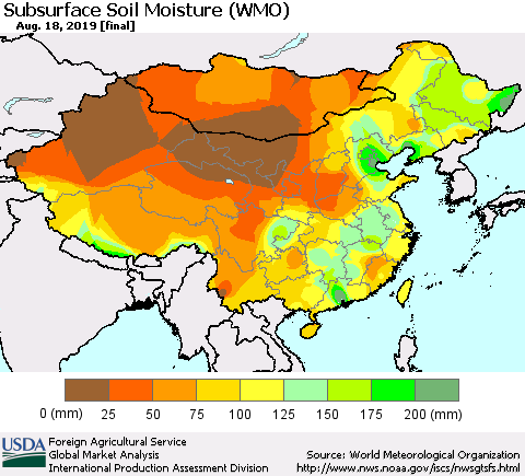 China and Taiwan Subsurface Soil Moisture (WMO) Thematic Map For 8/12/2019 - 8/18/2019