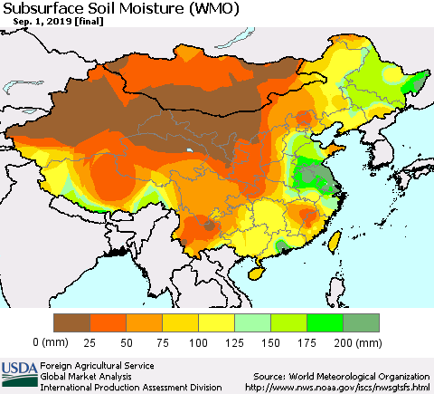 China and Taiwan Subsurface Soil Moisture (WMO) Thematic Map For 8/26/2019 - 9/1/2019