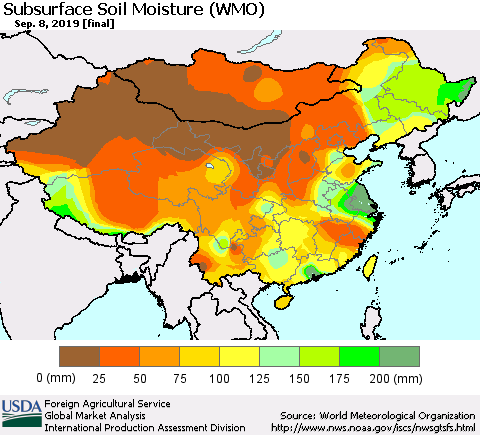China, Mongolia and Taiwan Subsurface Soil Moisture (WMO) Thematic Map For 9/2/2019 - 9/8/2019