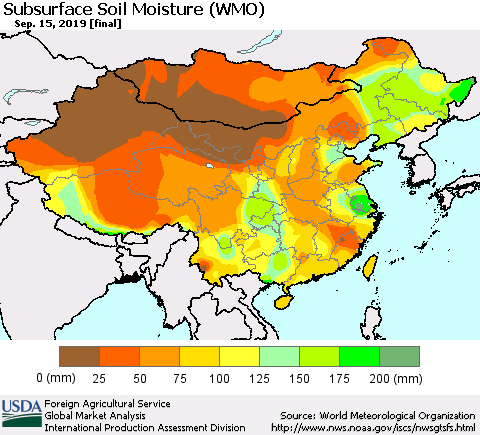 China, Mongolia and Taiwan Subsurface Soil Moisture (WMO) Thematic Map For 9/9/2019 - 9/15/2019