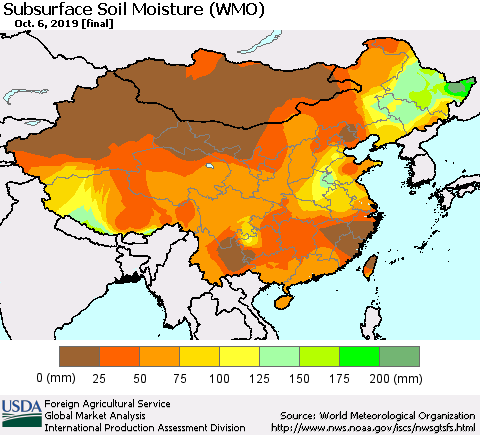 China, Mongolia and Taiwan Subsurface Soil Moisture (WMO) Thematic Map For 9/30/2019 - 10/6/2019