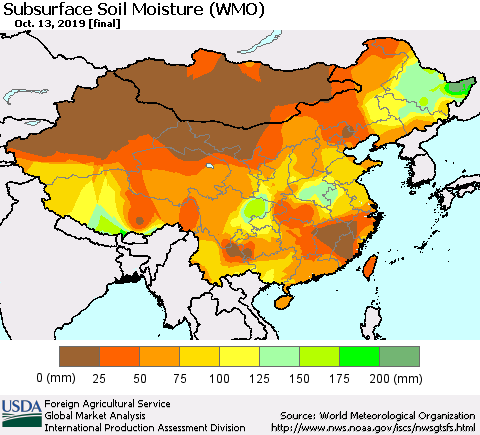 China and Taiwan Subsurface Soil Moisture (WMO) Thematic Map For 10/7/2019 - 10/13/2019