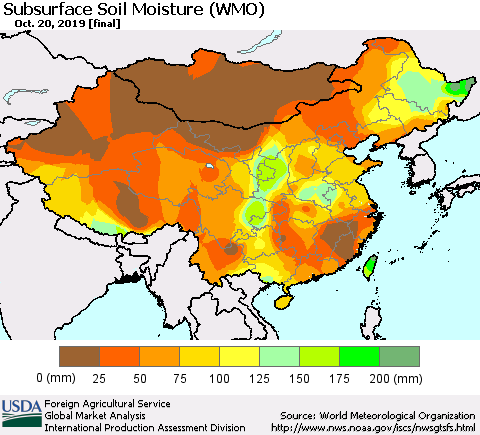 China and Taiwan Subsurface Soil Moisture (WMO) Thematic Map For 10/14/2019 - 10/20/2019