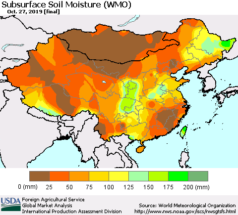 China and Taiwan Subsurface Soil Moisture (WMO) Thematic Map For 10/21/2019 - 10/27/2019