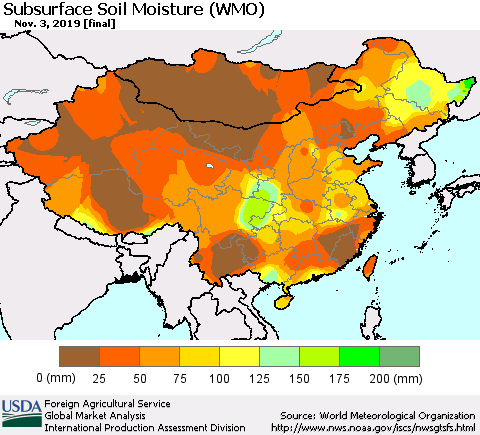 China and Taiwan Subsurface Soil Moisture (WMO) Thematic Map For 10/28/2019 - 11/3/2019