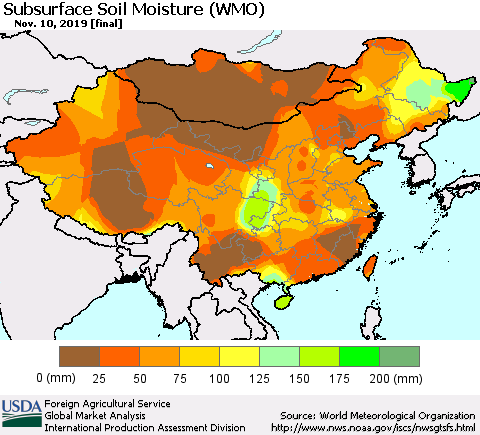 China and Taiwan Subsurface Soil Moisture (WMO) Thematic Map For 11/4/2019 - 11/10/2019
