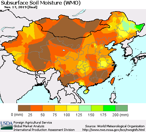 China and Taiwan Subsurface Soil Moisture (WMO) Thematic Map For 11/11/2019 - 11/17/2019