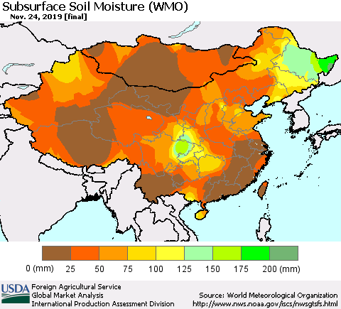 China, Mongolia and Taiwan Subsurface Soil Moisture (WMO) Thematic Map For 11/18/2019 - 11/24/2019