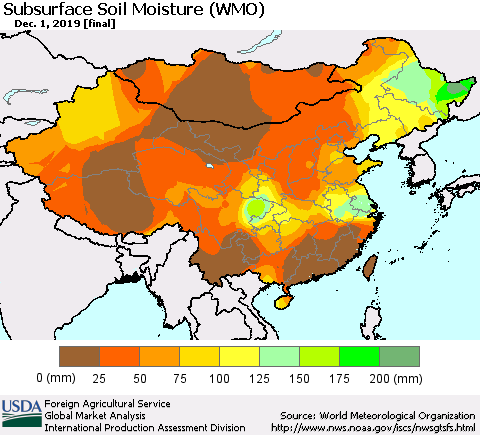 China, Mongolia and Taiwan Subsurface Soil Moisture (WMO) Thematic Map For 11/25/2019 - 12/1/2019