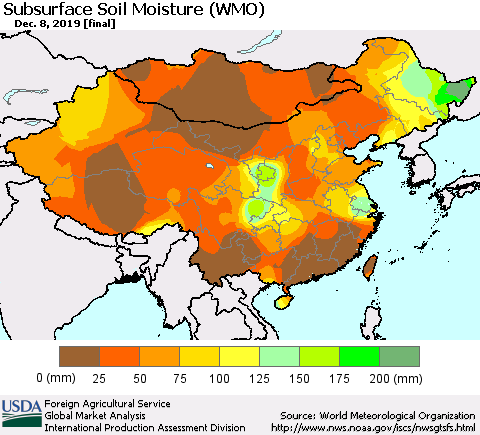 China and Taiwan Subsurface Soil Moisture (WMO) Thematic Map For 12/2/2019 - 12/8/2019