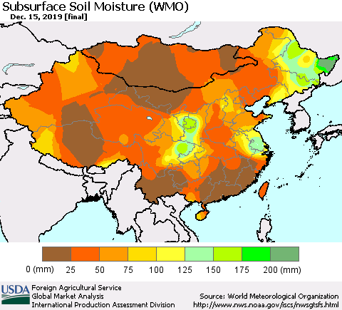 China and Taiwan Subsurface Soil Moisture (WMO) Thematic Map For 12/9/2019 - 12/15/2019
