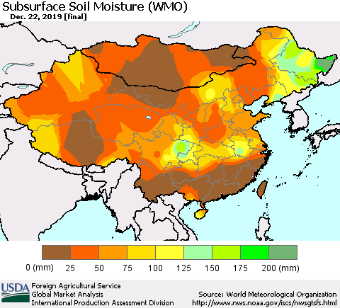 China and Taiwan Subsurface Soil Moisture (WMO) Thematic Map For 12/16/2019 - 12/22/2019