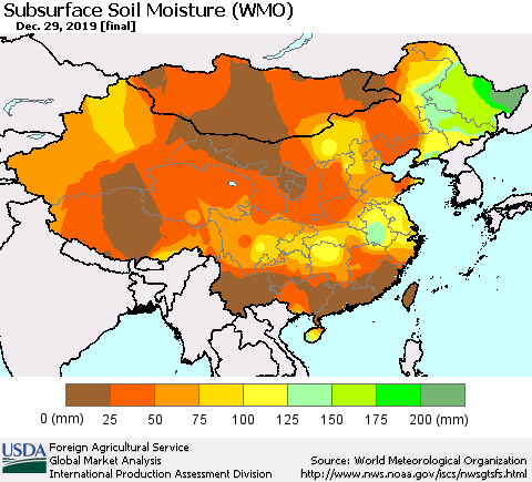China and Taiwan Subsurface Soil Moisture (WMO) Thematic Map For 12/23/2019 - 12/29/2019