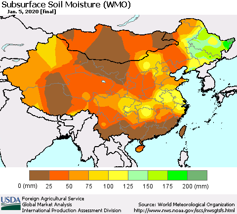 China, Mongolia and Taiwan Subsurface Soil Moisture (WMO) Thematic Map For 12/30/2019 - 1/5/2020