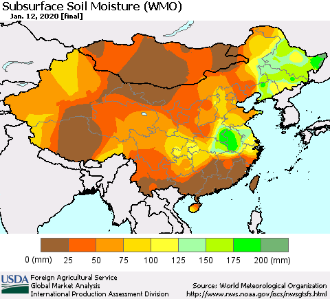 China and Taiwan Subsurface Soil Moisture (WMO) Thematic Map For 1/6/2020 - 1/12/2020