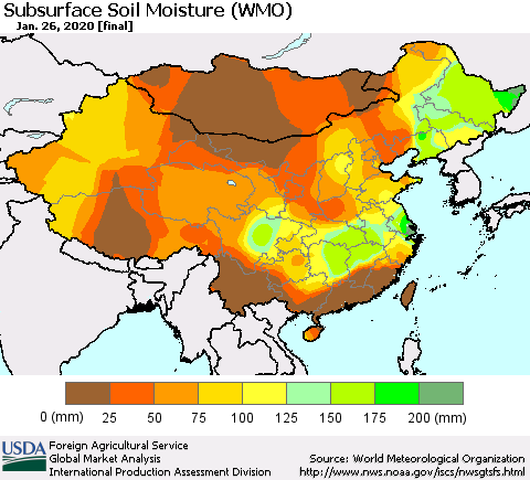 China and Taiwan Subsurface Soil Moisture (WMO) Thematic Map For 1/20/2020 - 1/26/2020