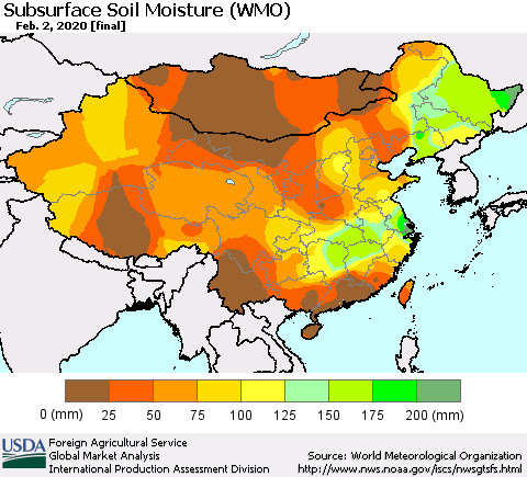 China and Taiwan Subsurface Soil Moisture (WMO) Thematic Map For 1/27/2020 - 2/2/2020