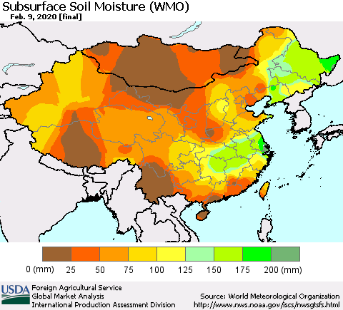 China, Mongolia and Taiwan Subsurface Soil Moisture (WMO) Thematic Map For 2/3/2020 - 2/9/2020