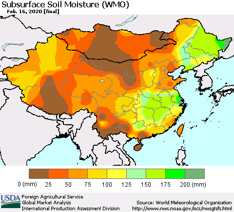 China and Taiwan Subsurface Soil Moisture (WMO) Thematic Map For 2/10/2020 - 2/16/2020