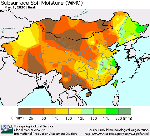 China and Taiwan Subsurface Soil Moisture (WMO) Thematic Map For 2/24/2020 - 3/1/2020