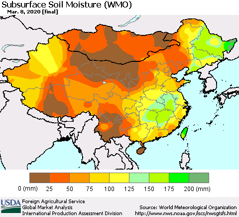 China and Taiwan Subsurface Soil Moisture (WMO) Thematic Map For 3/2/2020 - 3/8/2020